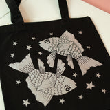 SAMPLE SALE: Koi Carp/Pisces Black & Silver Organic Cotton Tote